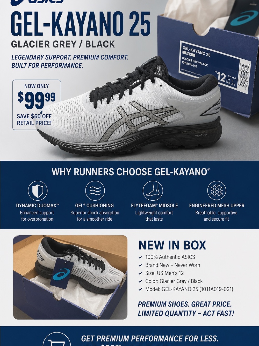 Asics Men's Gel-Kayano 25 Running Shoe in Grey and Black New in Box Sz 12
